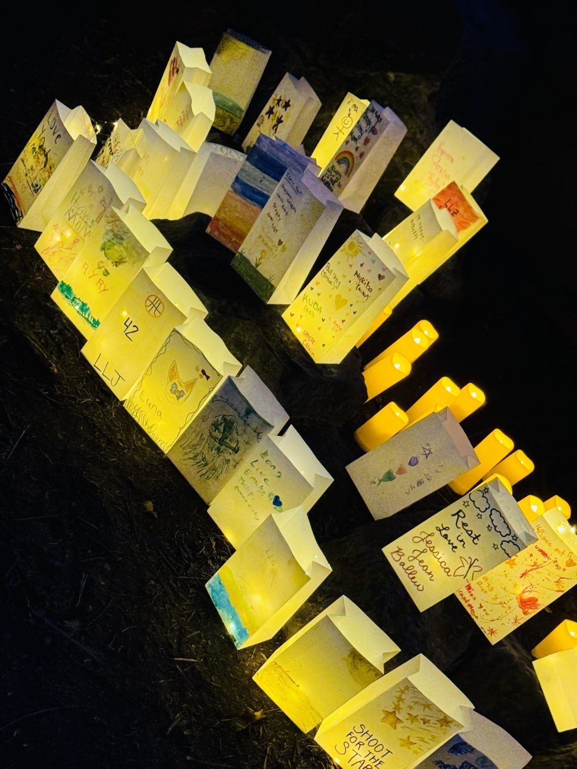Decorated paper bags illuminated together
